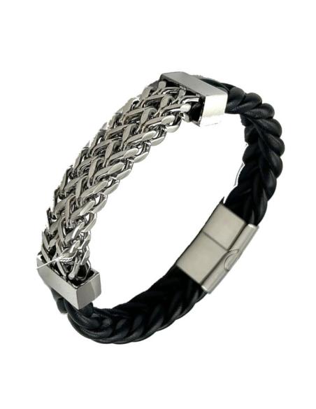 PULSERAS HOMBRE DE CUERO TRENZADO CON CADENETA ACERO