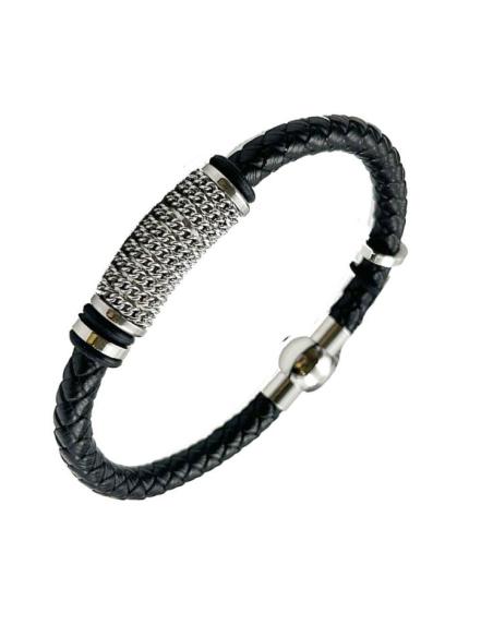 PULSERAS HOMBRE DE CUERO TRENZADO CON CADENA DE ACERO