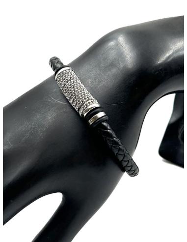 PULSERAS HOMBRE DE CUERO TRENZADO CON CADENA DE ACERO