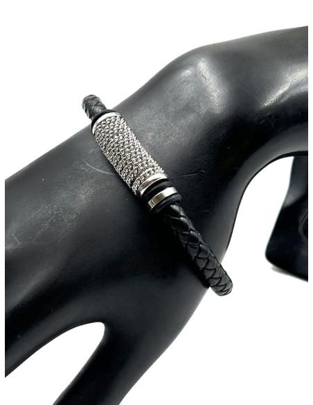 PULSERAS HOMBRE DE CUERO TRENZADO CON CADENA DE ACERO
