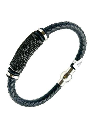 PULSERAS HOMBRE DE CUERO TRENZADO CON CADENA NEGRA