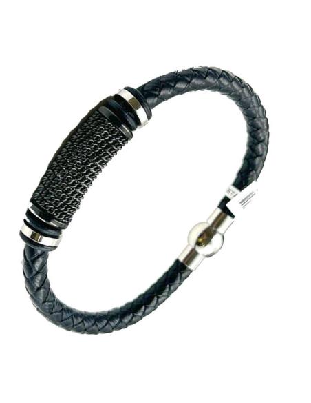 PULSERAS HOMBRE DE CUERO TRENZADO CON CADENA NEGRA
