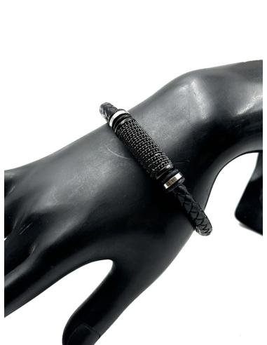 PULSERAS HOMBRE DE CUERO TRENZADO CON CADENA NEGRA