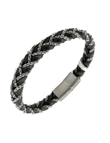 PULSERAS HOMBRE DE TRENZA DE CUERO MARRON Y CADENA ACERO