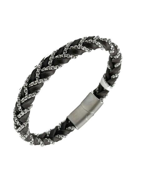 PULSERAS HOMBRE DE TRENZA DE CUERO MARRON Y CADENA ACERO