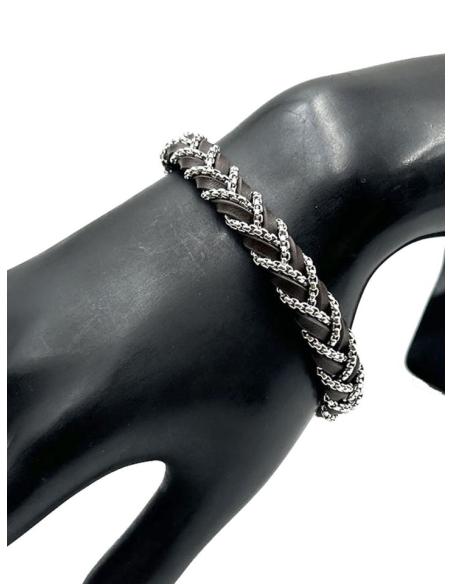 PULSERAS HOMBRE DE TRENZA DE CUERO MARRON Y CADENA ACERO