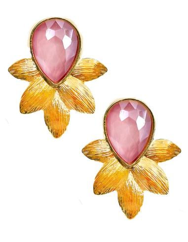 PENDIENTES ROSAS CON LAGRIMA DE CRISTAL Y HOJITAS DORADAS