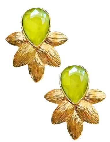 PENDIENTES VERDES CON LAGRIMA DE CRISTAL Y HOJITAS DORADAS