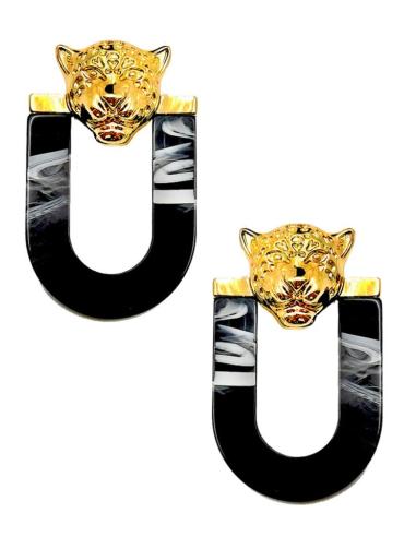 PENDIENTES NEGROS DE DISEÑO CON CABEZA FELINA DORADA