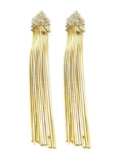 PENDIENTES DORADOS LARGOS CON BRILLO Y CADENITAS PARA BODAS DE NOCHE