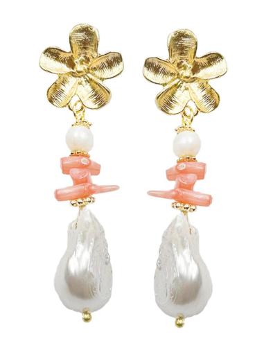 PENDIENTES LARGOS DORADOS PARA MUJER CON PERLAS Y CORAL