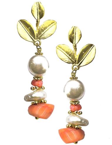 PENDIENTES LARGOS EN DORADO PARA MUJER CON PERLAS Y CORAL