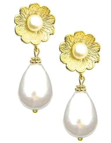PENDIENTES MUJER LARGOS CON PERLAS EN DORADO DISEÑO FLOR