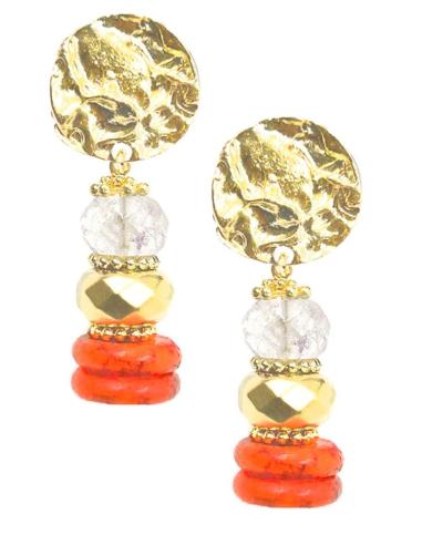 PENDIENTES DE MUJER LARGOS CON ABALORIOS Y CORAL EN DORADO