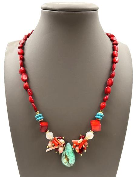 COLLARES ROJO CORAL CON EXQUISITA DECORACION Y LAGRIMA TURQUESA