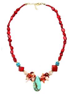 COLLARES ROJO CORAL CON EXQUISITA DECORACION Y LAGRIMA TURQUESA 2