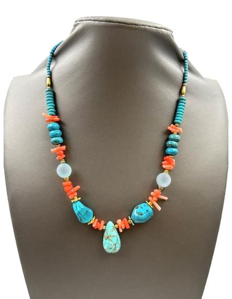 COLLARES CORTOS PARA MUJER DE PIEDRAS EN TURQUESA Y CORAL
