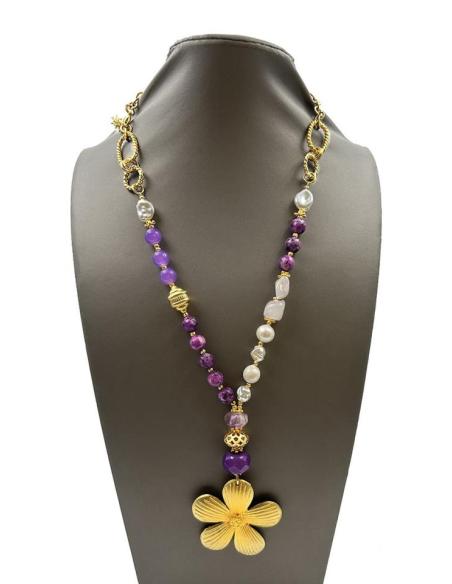 COLLARES LARGOS MORADOS CON PIEDRAS SEMIPRECIOSAS Y FLOR