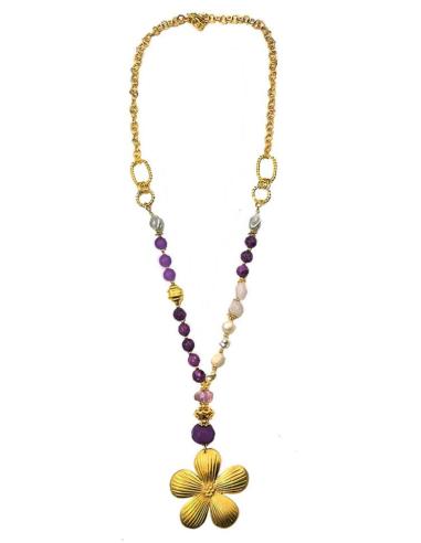 COLLARES LARGOS MORADOS CON PIEDRAS SEMIPRECIOSAS Y FLOR