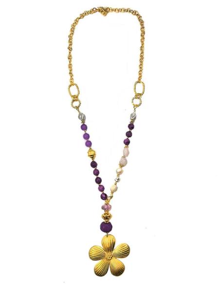 COLLARES LARGOS MORADOS CON PIEDRAS SEMIPRECIOSAS Y FLOR