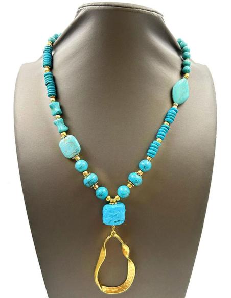 COLLARES LARGOS PARA MUJER CON PIEDRAS TURQUESA Y DORADO