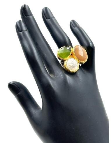 ANILLOS PARA MUJER DORADOS CON PIEDRAS TRICOLOR Y NACAR
