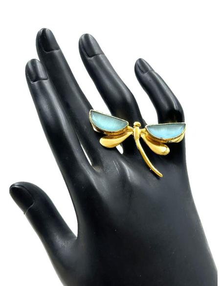 ANILLOS DORADOS DE LIBELULA CON PIEDRAS NATURALES AZUL CLARO