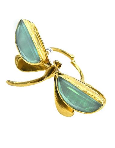 ANILLOS DORADOS DE LIBELULA CON PIEDRAS NATURALES AZUL CLARO