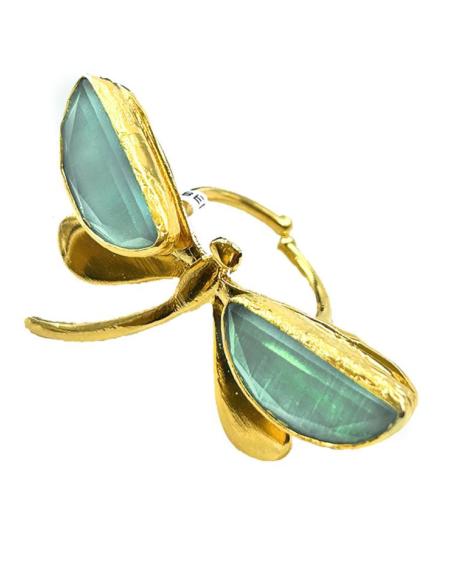 ANILLOS DORADOS DE LIBELULA CON PIEDRAS NATURALES AZUL CLARO