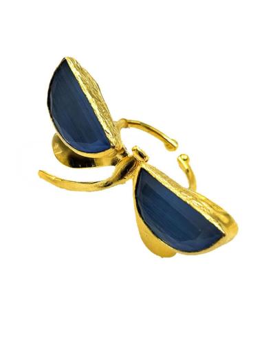 ANILLOS MUJER DORADOS LIBELULA CON PIEDRAS NATURALES EN AZUL