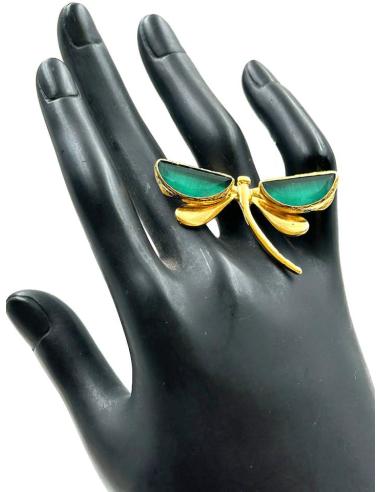 ANILLOS DORADOS LIBELULA MUJER CON PIEDRAS NATURALES VERDES