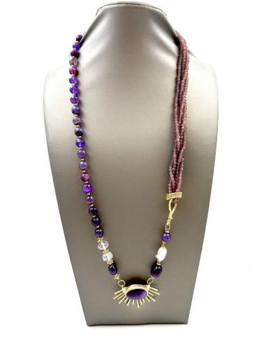 COLLARES MORADOS Y DORADOS CON PIEDRAS SEMIPRECIOSAS