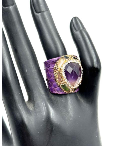 ANILLOS MORADOS ORIGINALES DE PIEDRA DECORADA Y PIEL DE CUERO