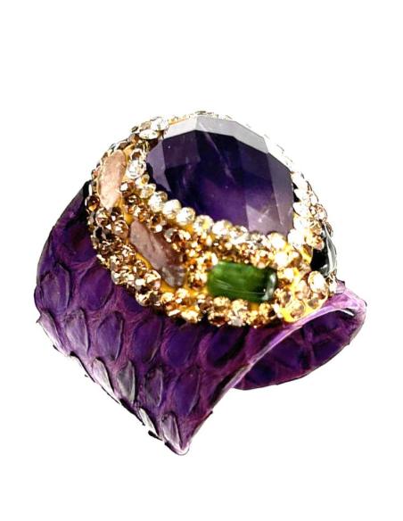 ANILLOS MORADOS ORIGINALES DE PIEDRA DECORADA Y PIEL DE CUERO