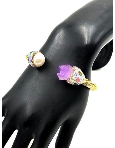 PULSERAS DORADAS DECORADAS CON PERLA Y PIEDRA AMATISTA