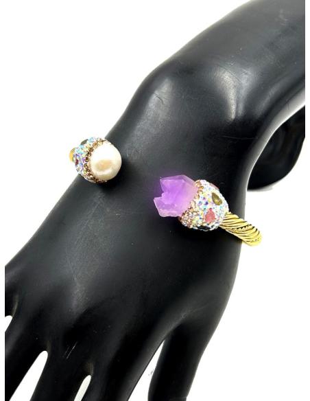 PULSERAS DORADAS DECORADAS CON PERLA Y PIEDRA AMATISTA