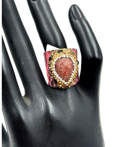 ANILLOS ORIGINAL FUCSIAS CON PIEDRA DECORADA Y PIEL DE CUERO