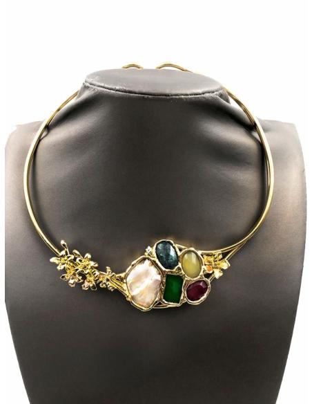 COLLARES DORADOS RIGIDOS CON PERLA BARROCA Y PIEDRAS COLOR