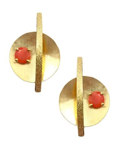 PENDIENTES LARGOS DORADOS Y PIEDRA NARANJA DISEÑO MODERNO