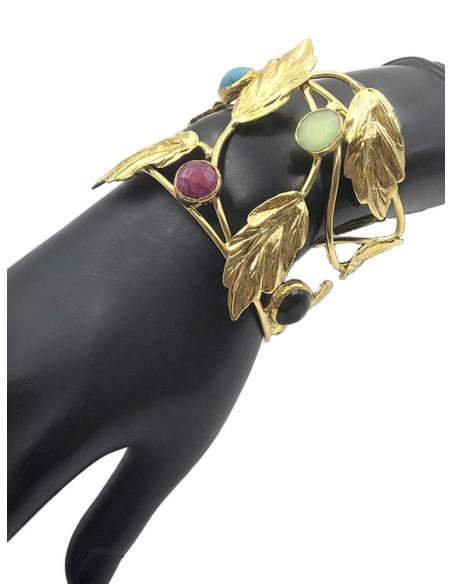 PULSERAS DORADAS DE MODA DISEÑO CALADO DE HOJAS Y PIEDRAS