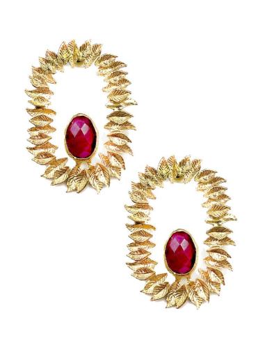 PENDIENTES BODA DORADOS DE ARO CON HOJITAS Y PIEDRA FUCSIA