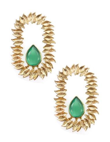 PENDIENTES DORADOS DE ARO CON HOJITAS Y PIEDRA VERDE AGUA