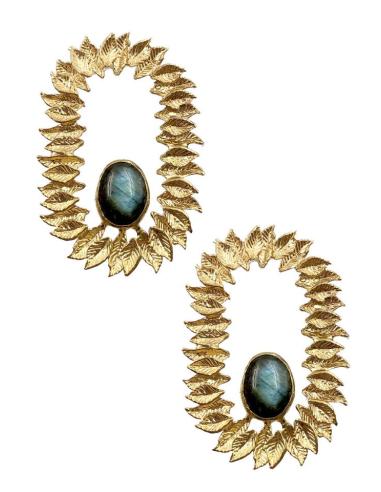 PENDIENTES DORADOS DE ARO CON HOJITAS Y PIEDRA LABRADORITA