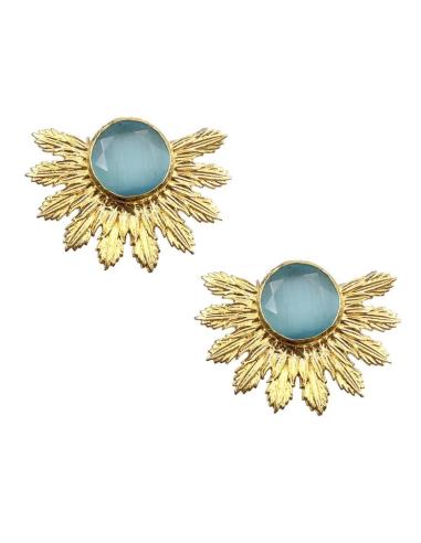 ELEGANTE PENDIENTE CORTO DORADO Y AZUL DISEÑO ABANICO