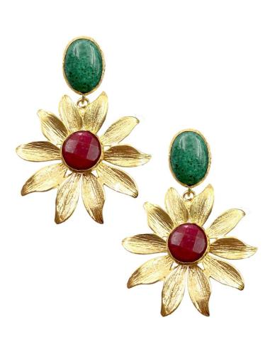 PENDIENTES DE FLOR PRECIOSOS CON PIEDRAS VERDE Y GRANATE
