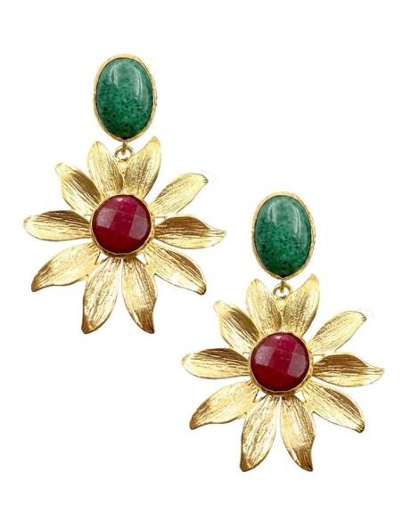 PENDIENTES DE FLOR PRECIOSOS CON PIEDRAS VERDE Y GRANATE