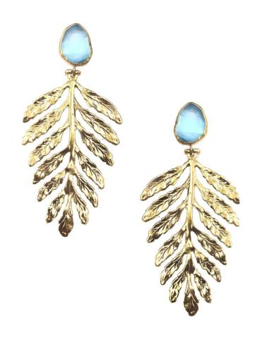 PENDIENTES LARGOS DORADOS DE VISTOSA HOJA Y PIEDRAS AZULES