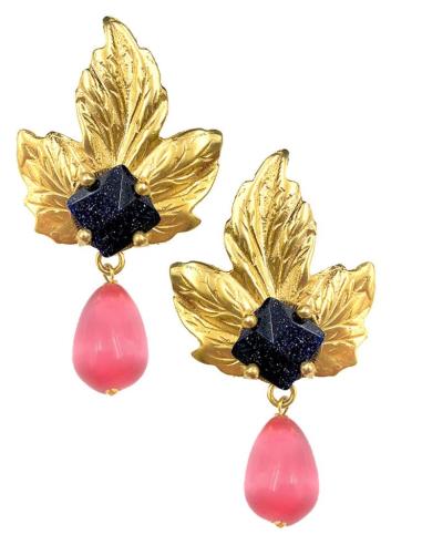 PENDIENTES DORADOS HOJA DECORADA CON PIEDRA NEGRA Y ROSA