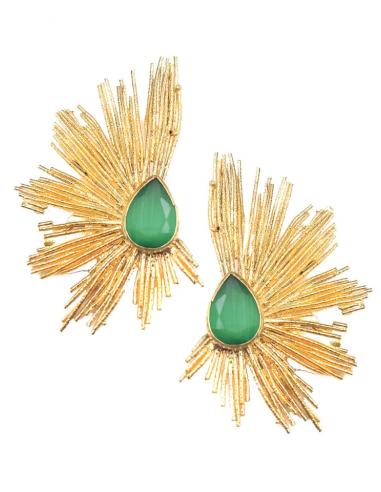 PENDIENTES DORADOS DISEÑO ABANICO CON PIEDRA VERDE