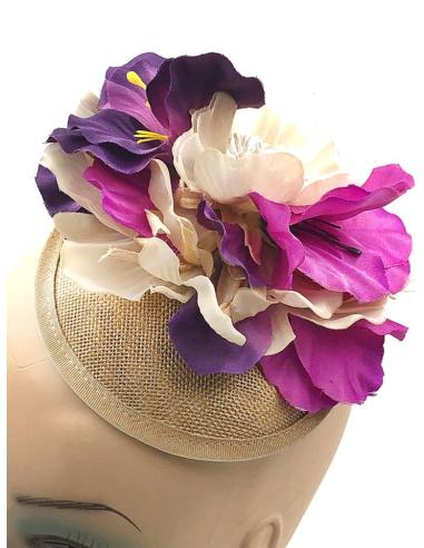 TOCADOS MORADOS Y BEIGE PARA INVITADAS DE BODA Y MADRINAS